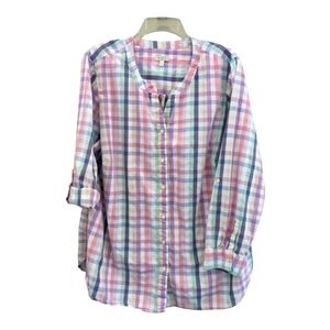 Talbots Cotton&Lyocel pastel check button up high low sleeve blouse,size 2X, EUC